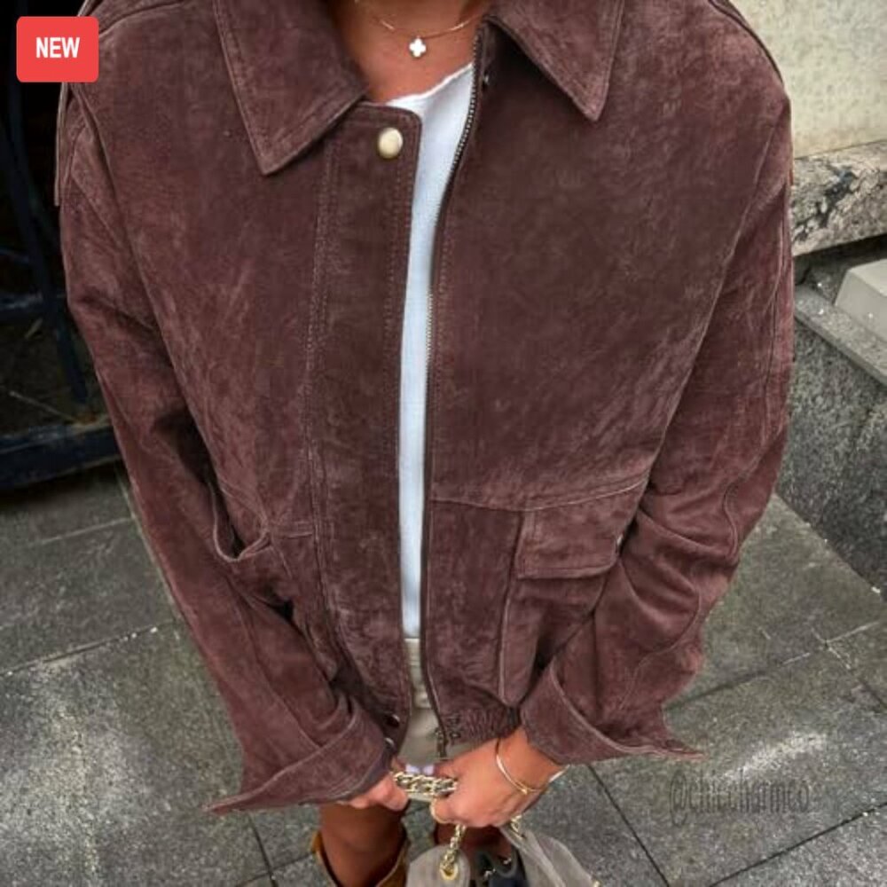 Vintage Faux Suede Bomber Jacket Cropped Biker Moto Style Oversized Fit - Picture 4 of 5